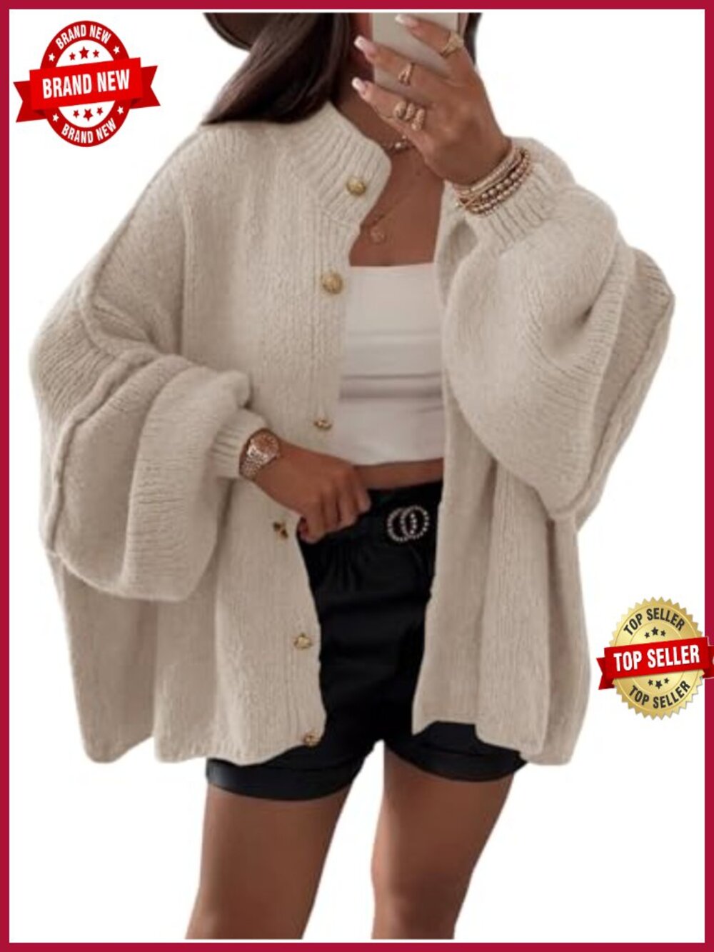Oversized Button Down Lantern Sleeve Cardigan Chunky Knit Sweater Coat